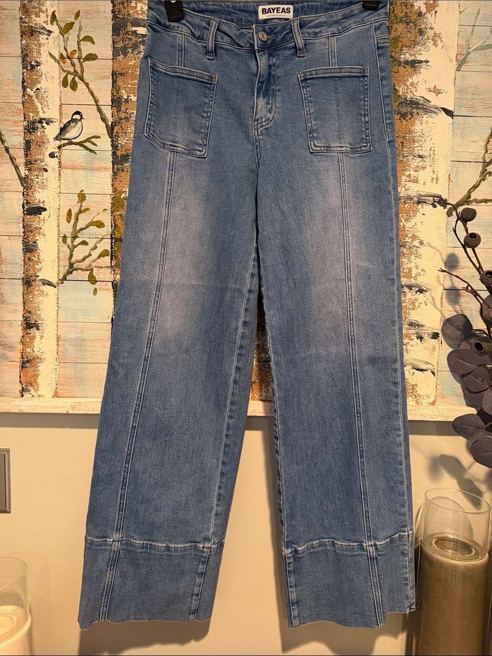 Bayeas High Waisted Wide Leg Light Wash Jeans with Front Patch Pockets